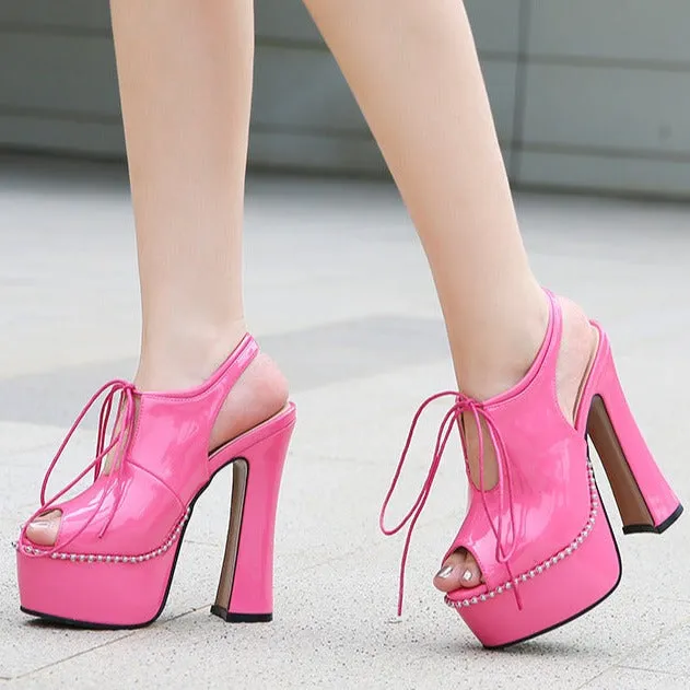 Women chunky high heel slingback lace up peep toe platform heels