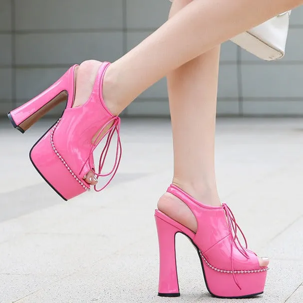 Women chunky high heel slingback lace up peep toe platform heels