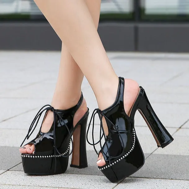 Women chunky high heel slingback lace up peep toe platform heels