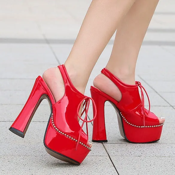 Women chunky high heel slingback lace up peep toe platform heels