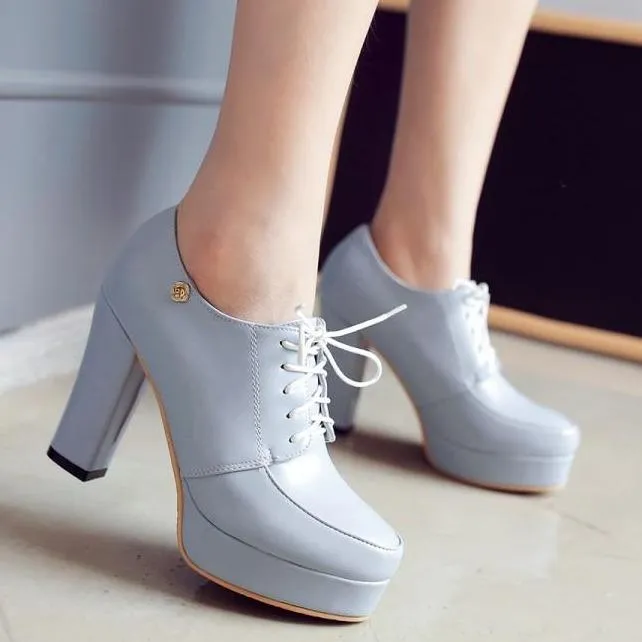 Women chunky high lace up ankle metal flower platform heels