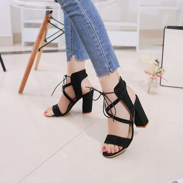 Women chunky peep toe criss cross strap lace up heels