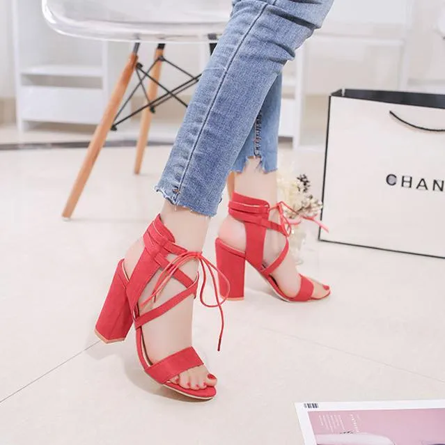 Women chunky peep toe criss cross strap lace up heels