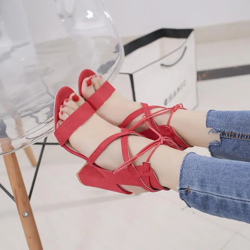 Women chunky peep toe criss cross strap lace up heels