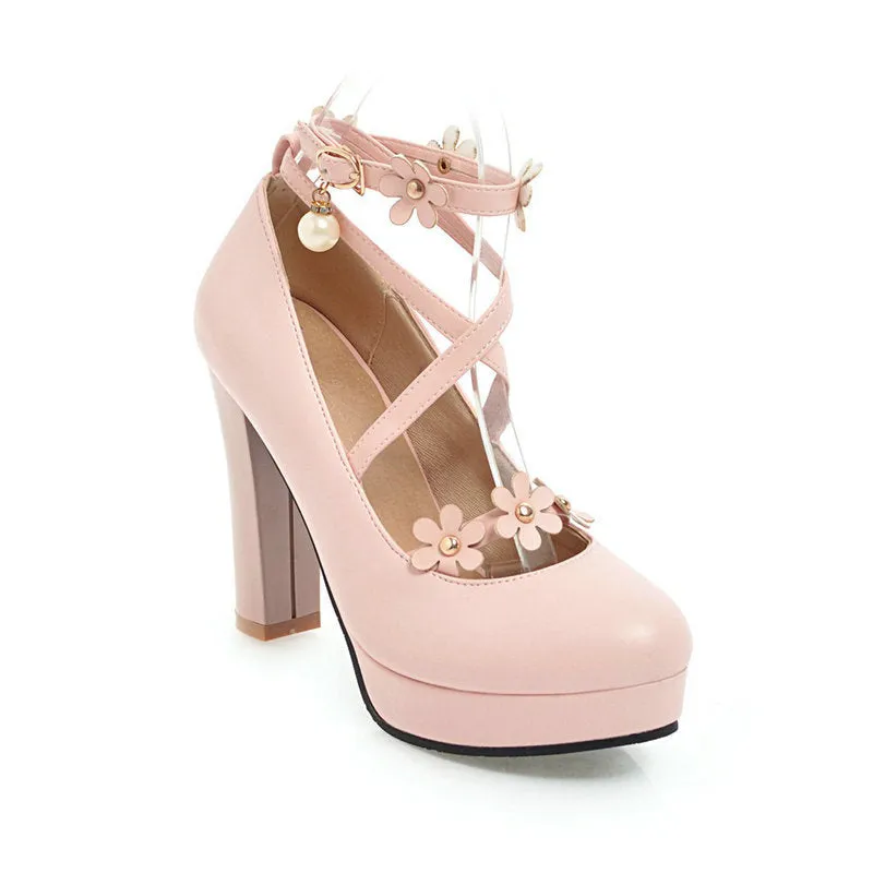 Women criss cross flower strap platform heels ankle strap chunky high heels