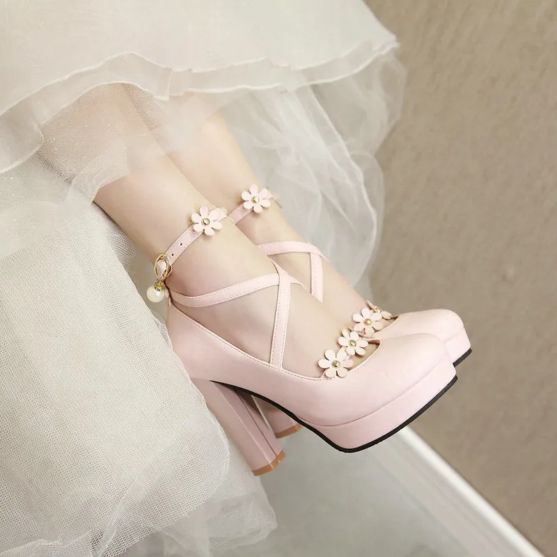 Women criss cross flower strap platform heels ankle strap chunky high heels