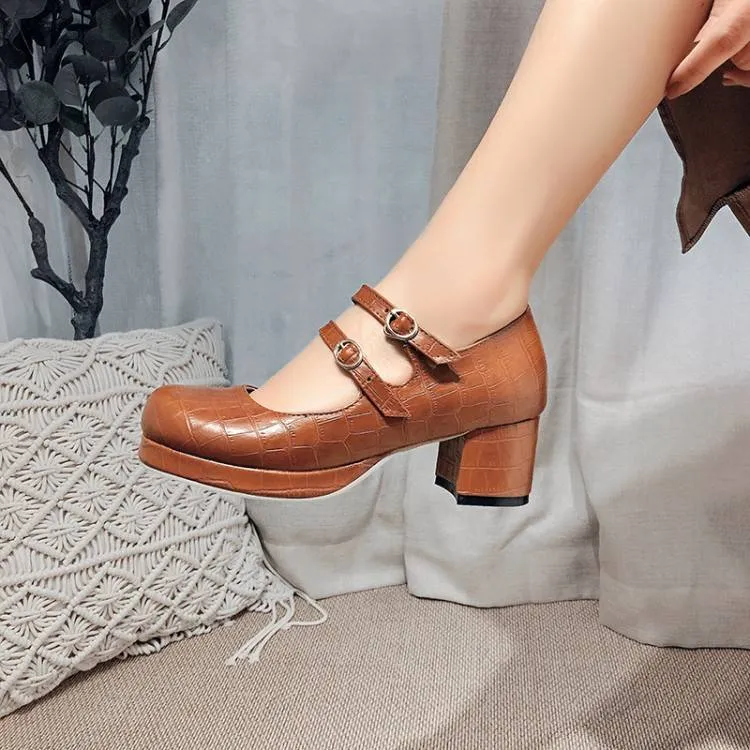 Women Crocodile Pattern Shallow Mary Janes Block Heel Platform Pumps