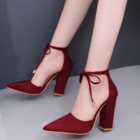 Women elegant pointed toe ankle lace up chunky heels