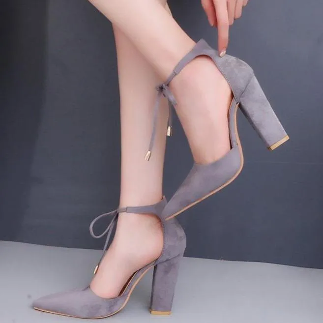 Women elegant pointed toe ankle lace up chunky heels