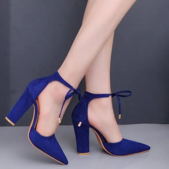 Women elegant pointed toe ankle lace up chunky heels