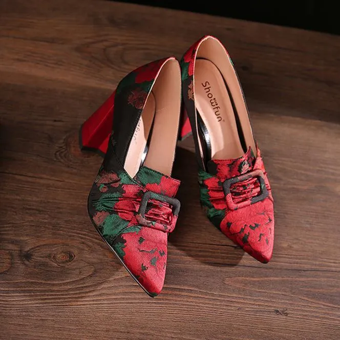 Women flower pointed toe buckle slip on chunky heels