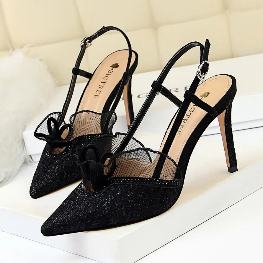 Women lace flower pointed toe slingback buckle strap stiletto heels