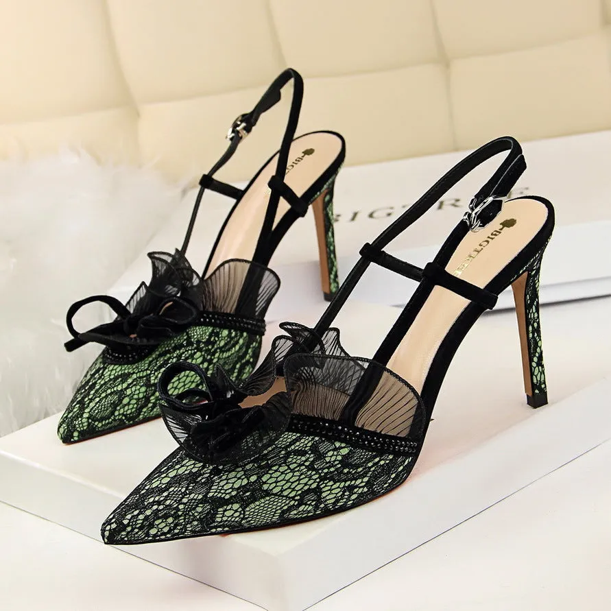 Women lace flower pointed toe slingback buckle strap stiletto heels