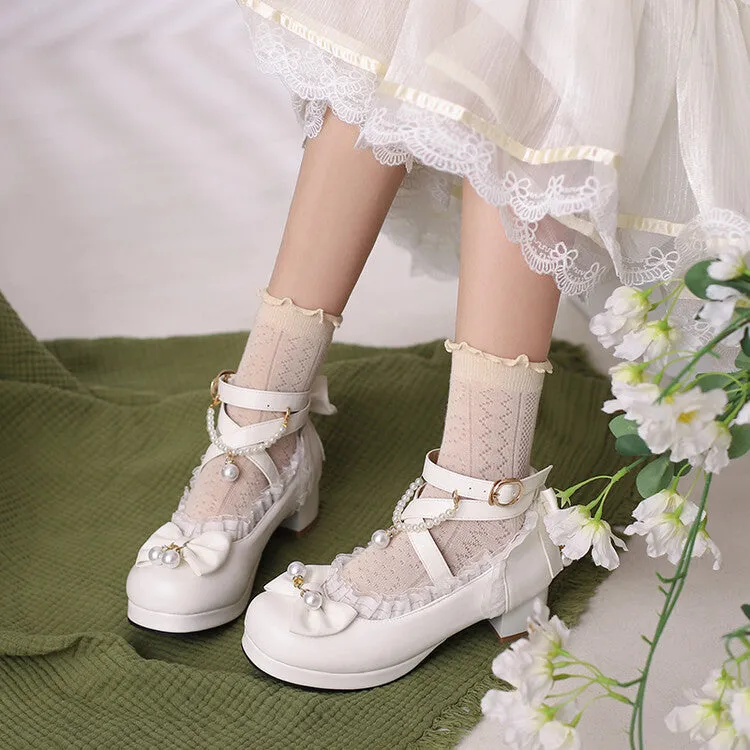 Women Lace Pearls Bow Tie Ankle Strap Chunky Heel Pumps