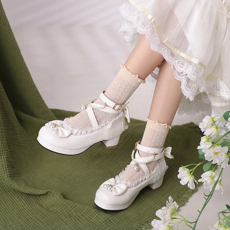 Women Lace Pearls Bow Tie Ankle Strap Chunky Heel Pumps