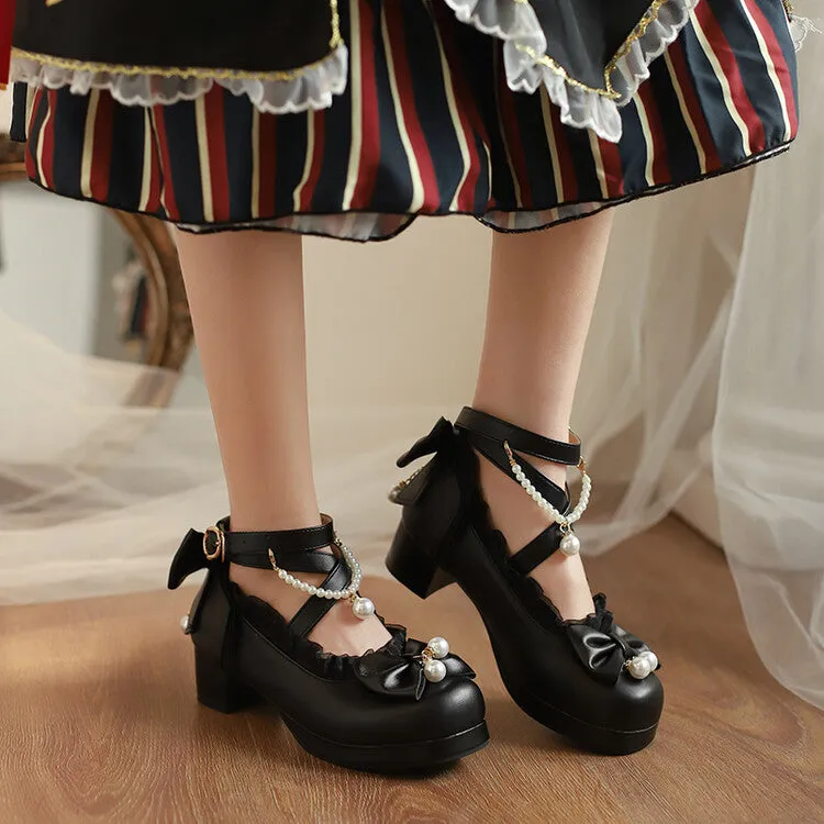 Women Lace Pearls Bow Tie Ankle Strap Chunky Heel Pumps