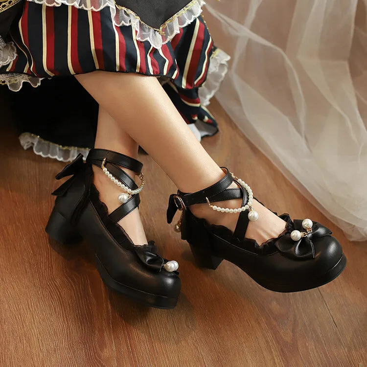 Women Lace Pearls Bow Tie Ankle Strap Chunky Heel Pumps