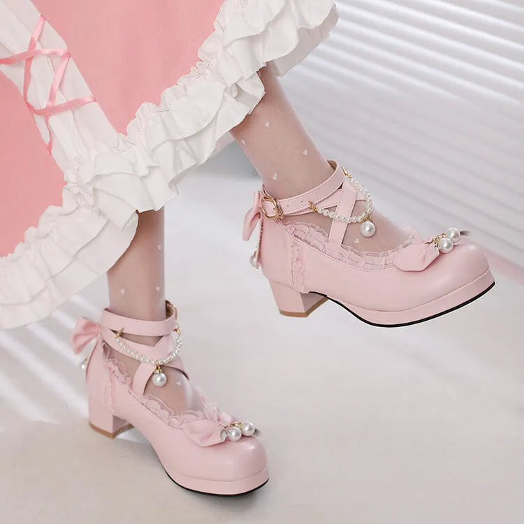 Women Lace Pearls Bow Tie Ankle Strap Chunky Heel Pumps