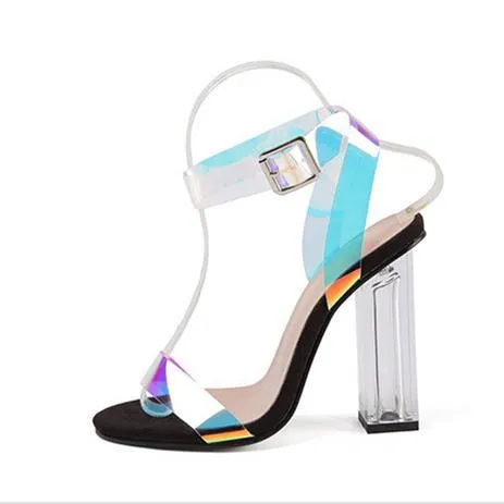 Women open toe colorful ankle strap square clear chunky heels