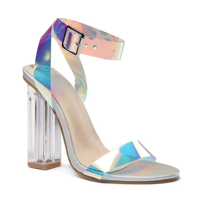 Women open toe colorful ankle strap square clear chunky heels