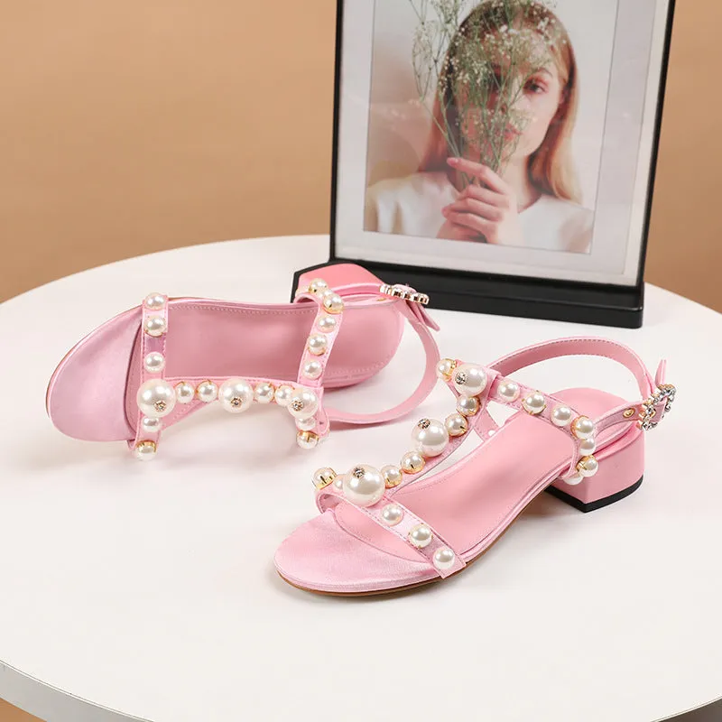 Women party rhinestone buckle strap open toe slingback hollow chunky heels