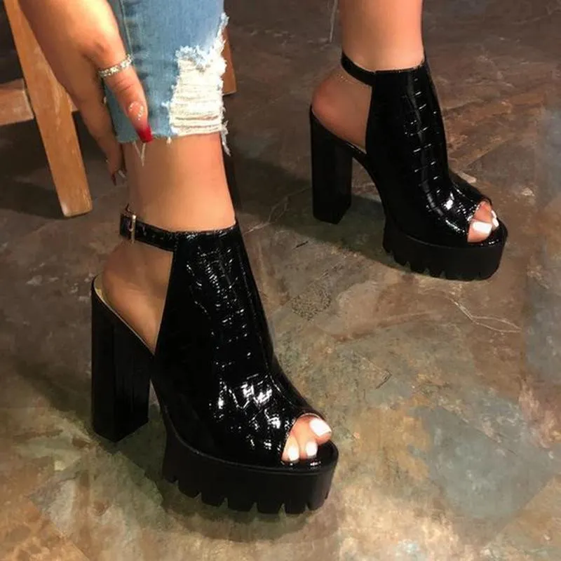 Women peep toe ankle strap chunky platform heels