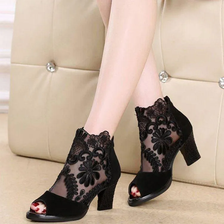 Women peep toe lace flower sexy chunky heels booties