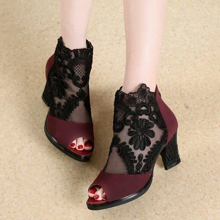 Women peep toe lace flower sexy chunky heels booties