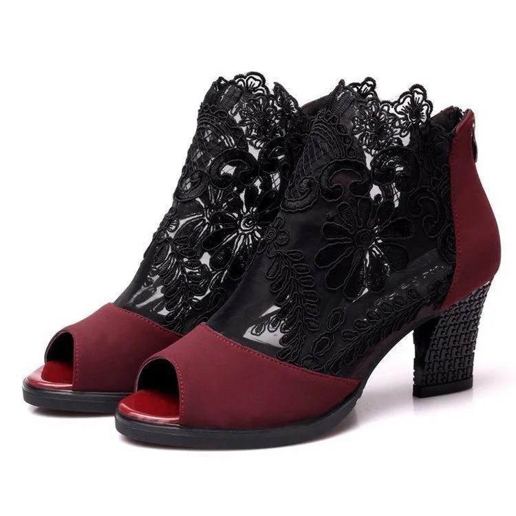 Women peep toe lace flower sexy chunky heels booties