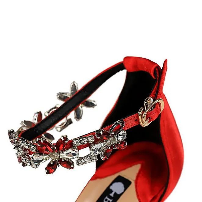 Women peep toe rhinestone flower side hollow stiletto heels