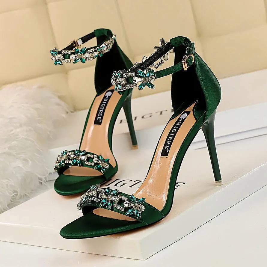 Women peep toe rhinestone flower side hollow stiletto heels