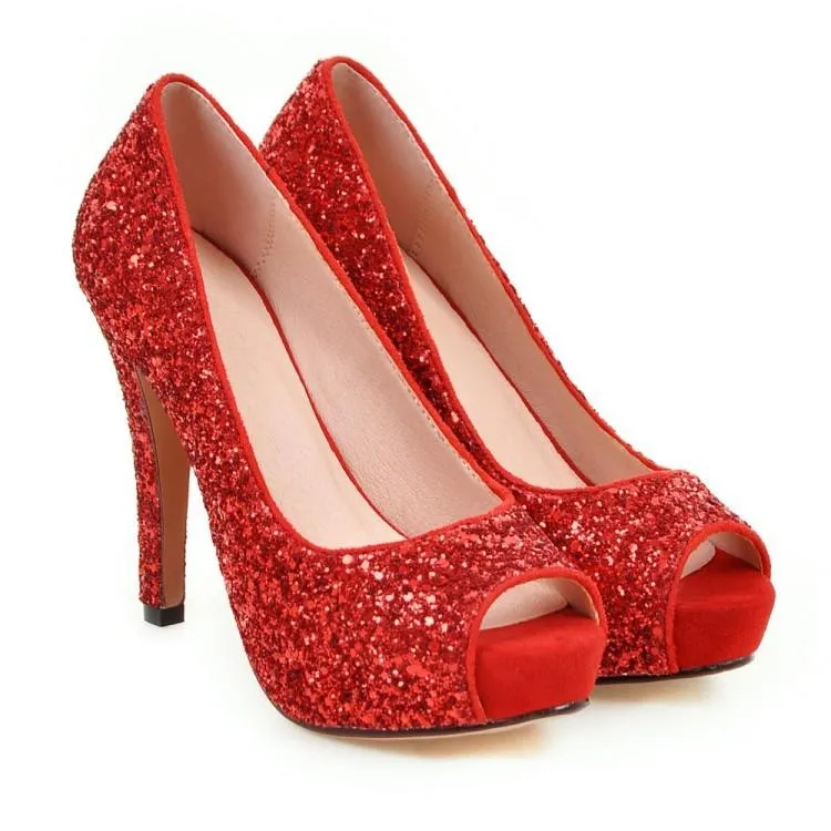 Women peep toe rhinestone glitter chunky high platform heels