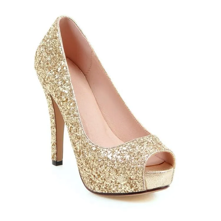 Women peep toe rhinestone glitter chunky high platform heels