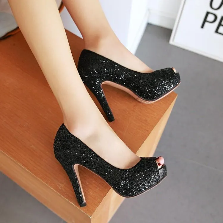 Women peep toe rhinestone glitter chunky high platform heels