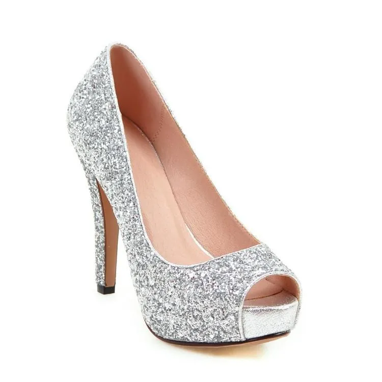 Women peep toe rhinestone glitter chunky high platform heels