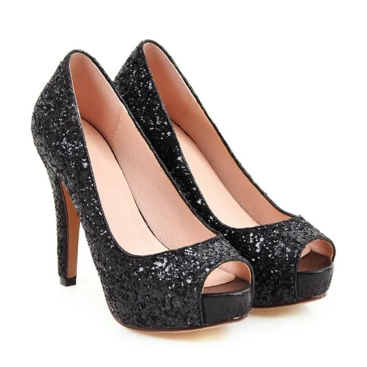 Women peep toe rhinestone glitter chunky high platform heels