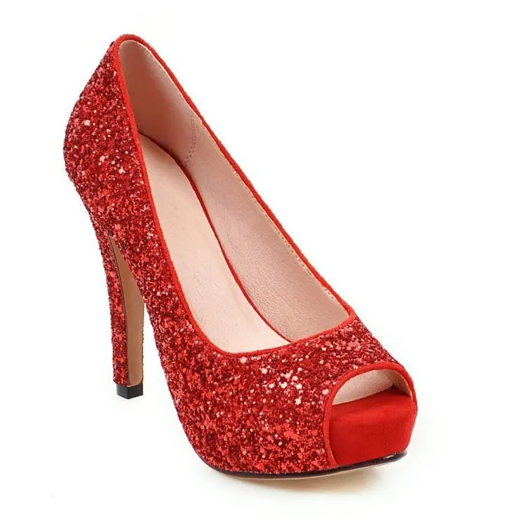 Women peep toe rhinestone glitter chunky high platform heels