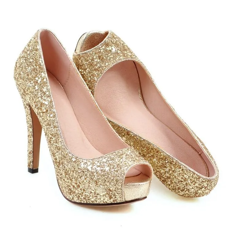 Women peep toe rhinestone glitter chunky high platform heels