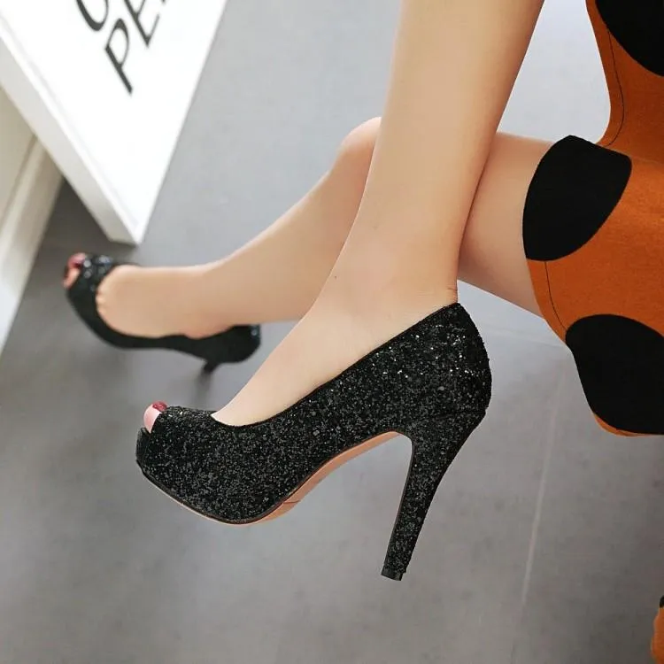 Women peep toe rhinestone glitter chunky high platform heels