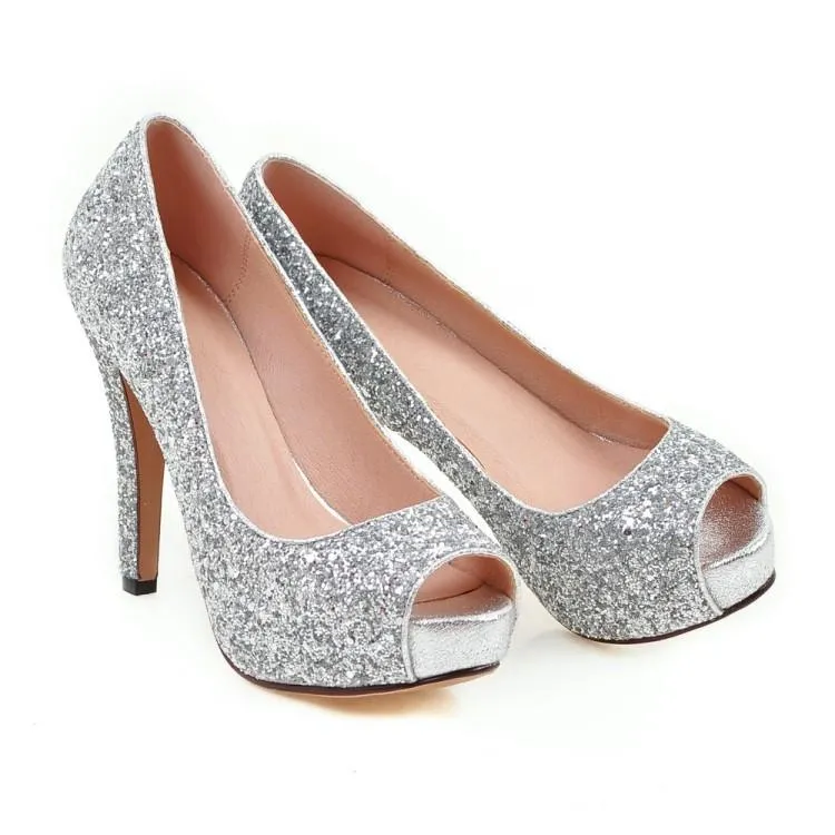 Women peep toe rhinestone glitter chunky high platform heels