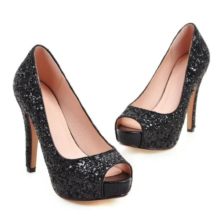 Women peep toe rhinestone glitter chunky high platform heels