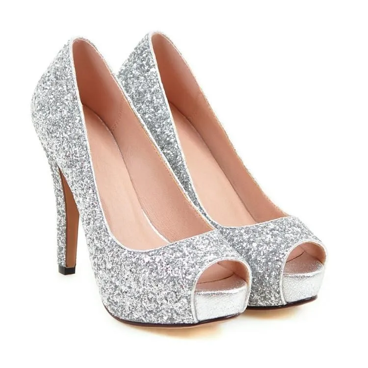 Women peep toe rhinestone glitter chunky high platform heels