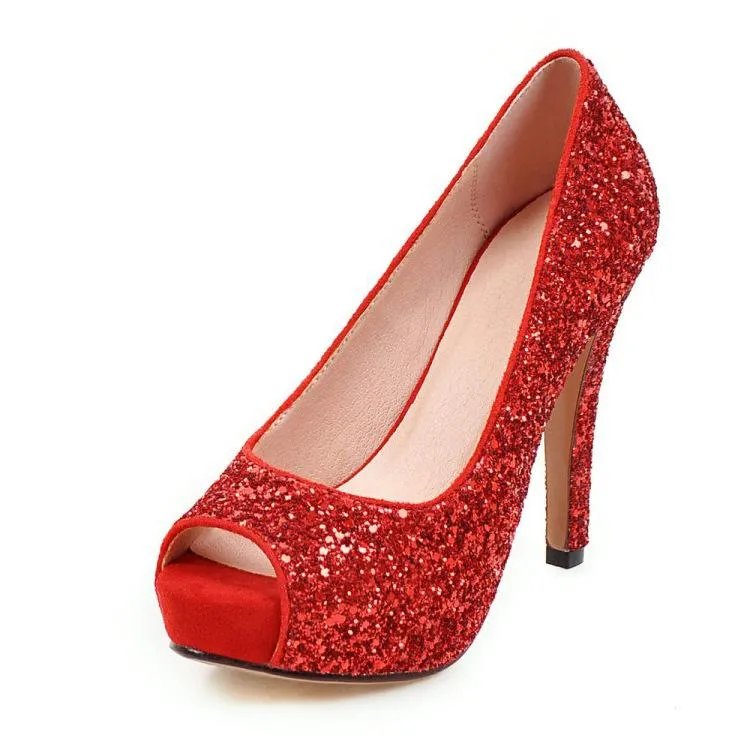 Women peep toe rhinestone glitter chunky high platform heels