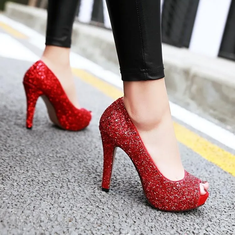 Women peep toe rhinestone glitter chunky high platform heels