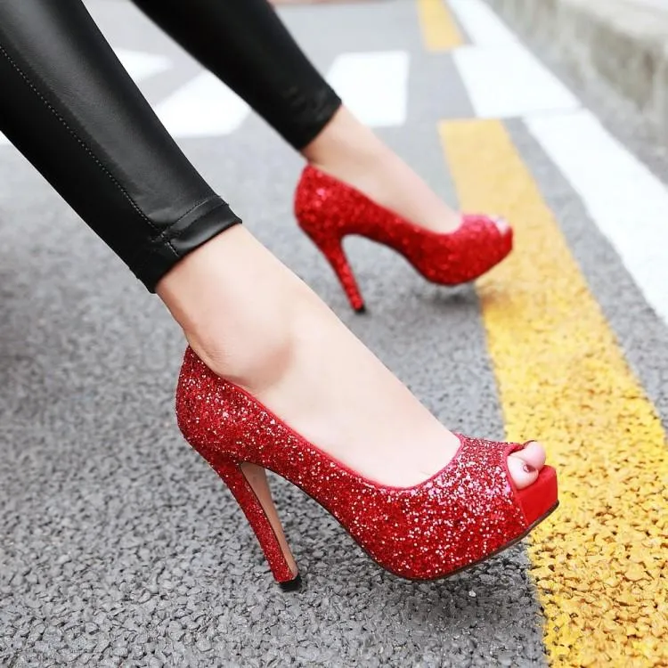 Women peep toe rhinestone glitter chunky high platform heels