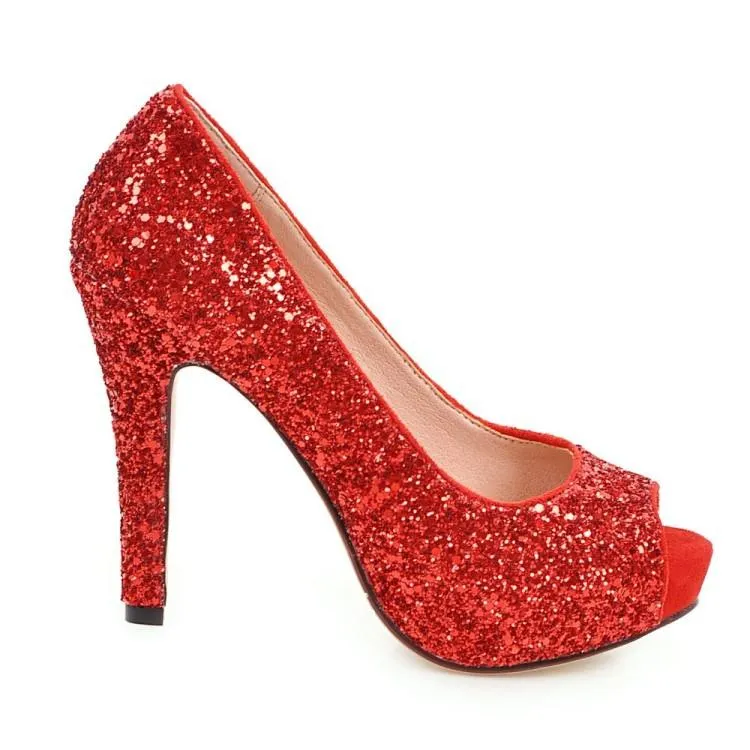 Women peep toe rhinestone glitter chunky high platform heels