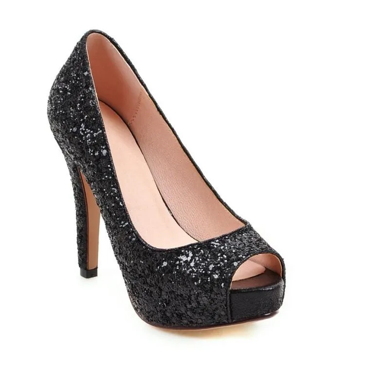 Women peep toe rhinestone glitter chunky high platform heels