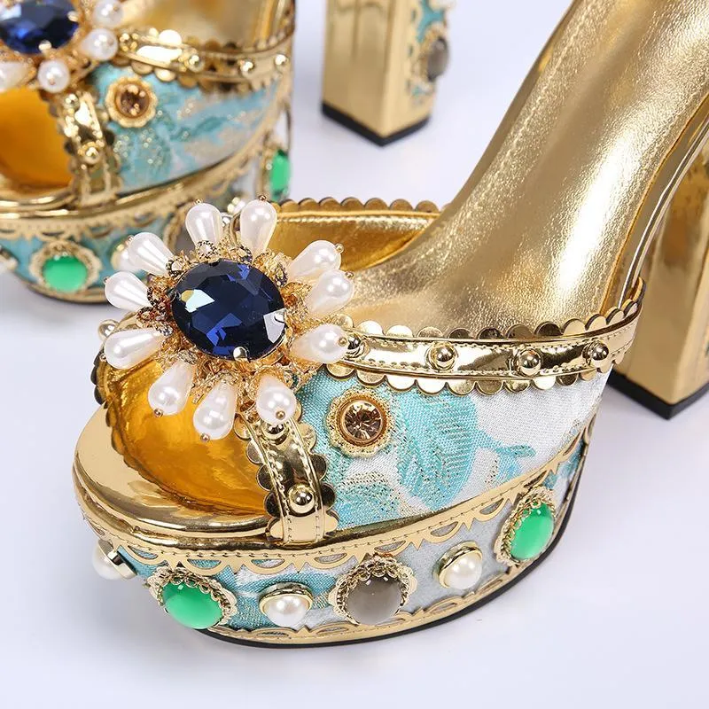 Women peep toe sparkly rhinestone chunky heel platform gold heels