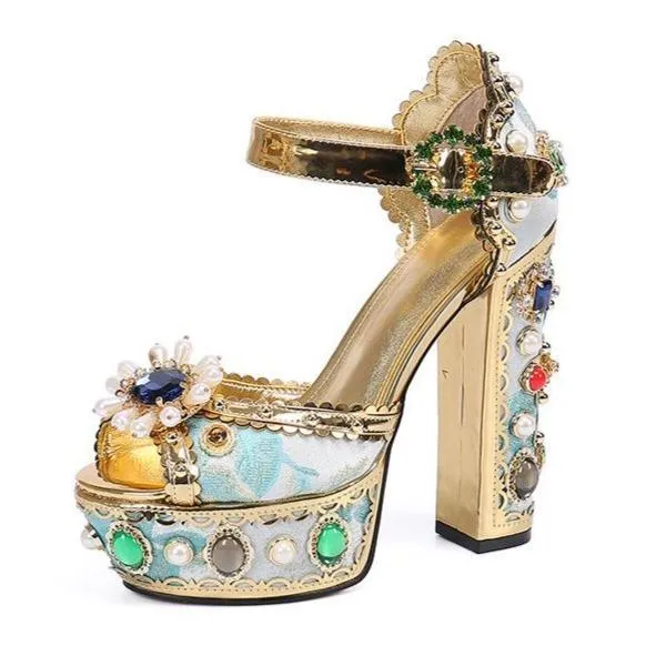 Women peep toe sparkly rhinestone chunky heel platform gold heels