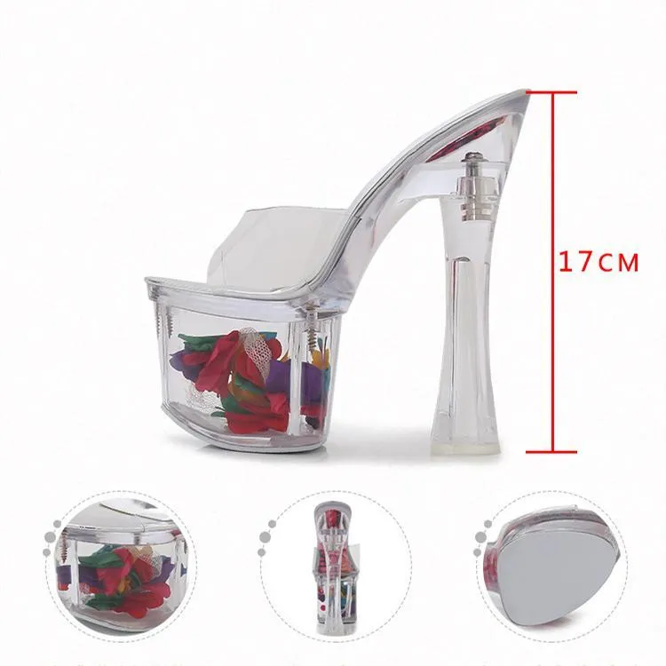 Women peep toe strap platform flower chunky clear heels